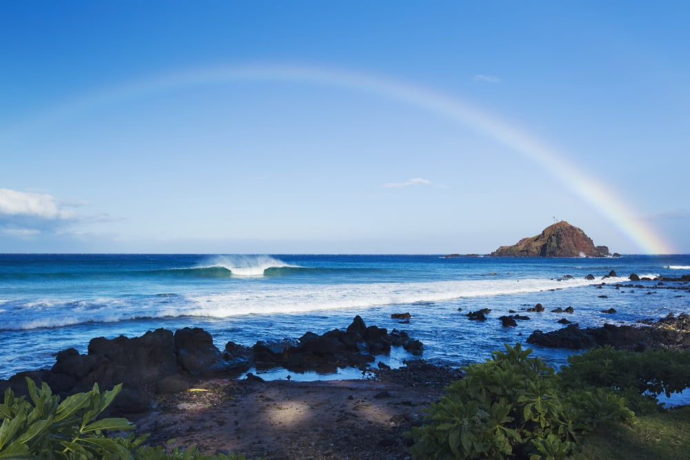 Posterazzi Hawaii Maui Hana Dramatic Coastline Rainbow Over Ocean Canvas Art - MakenaStockMedia  Design Pics (38 x 24)