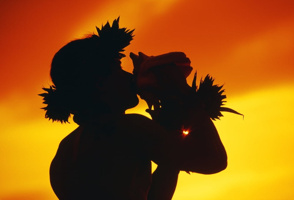 Posterazzi Hawaii Maui Napili Silhouette Of Man Blowing Conch Shell At Sunset Fiery Orange Sky Canvas Art - Ron Dahlquist Design Pics (36 x 24)