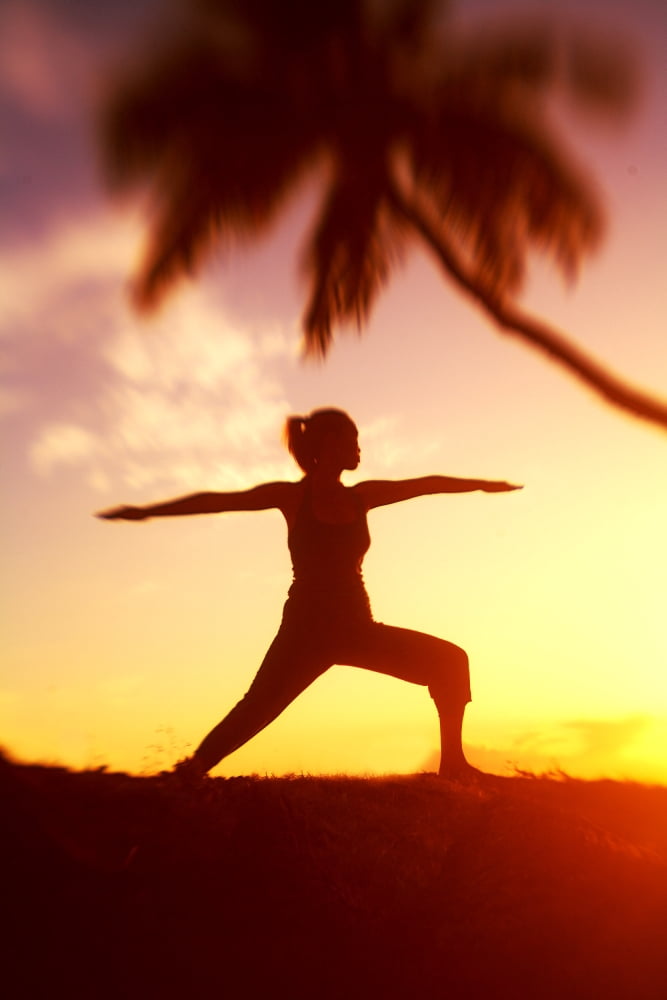 Posterazzi Hawaii Maui Olowalu Woman Doing Yoga At Sunset Under Palm Tree Canvas Art - Ron Dahlquist Design Pics (22 x 34)