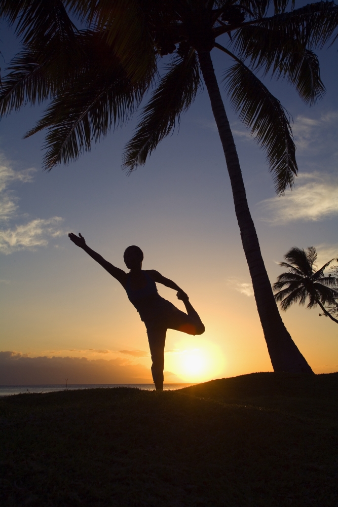 Posterazzi Hawaii Maui Olowalu Woman Doing Yoga At Sunset Under Palm Trees Canvas Art - Ron Dahlquist Design Pics (22 x 34)