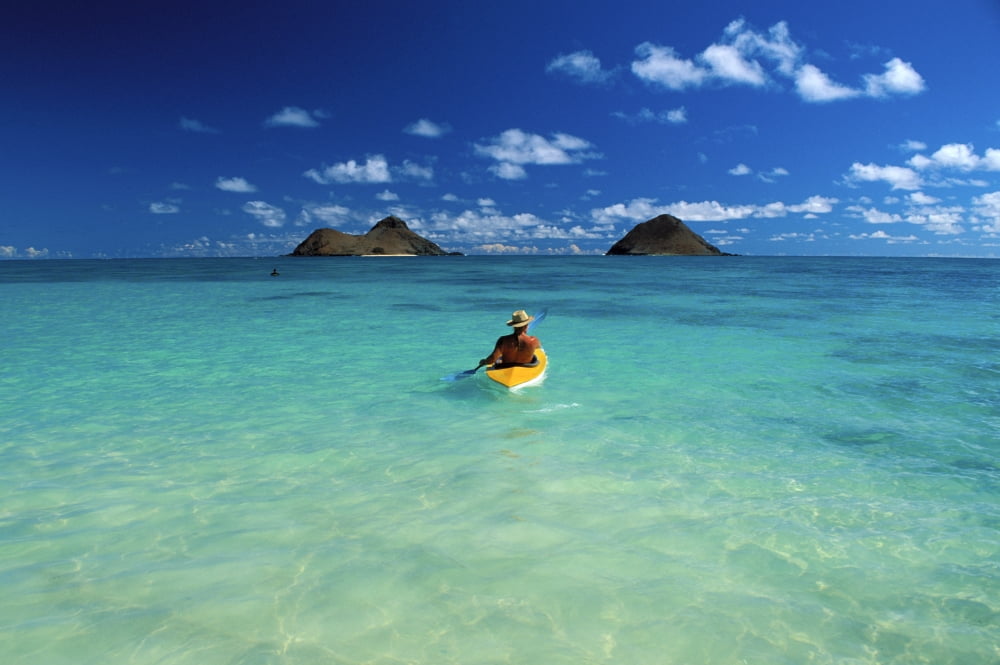 Posterazzi Hawaii Oahu Back View Of Man Wearing Hat On Kayak Heading To Mokulua Islands Blue Skies Canvas Art - Greg Vaughn Design Pics (34 x 22)