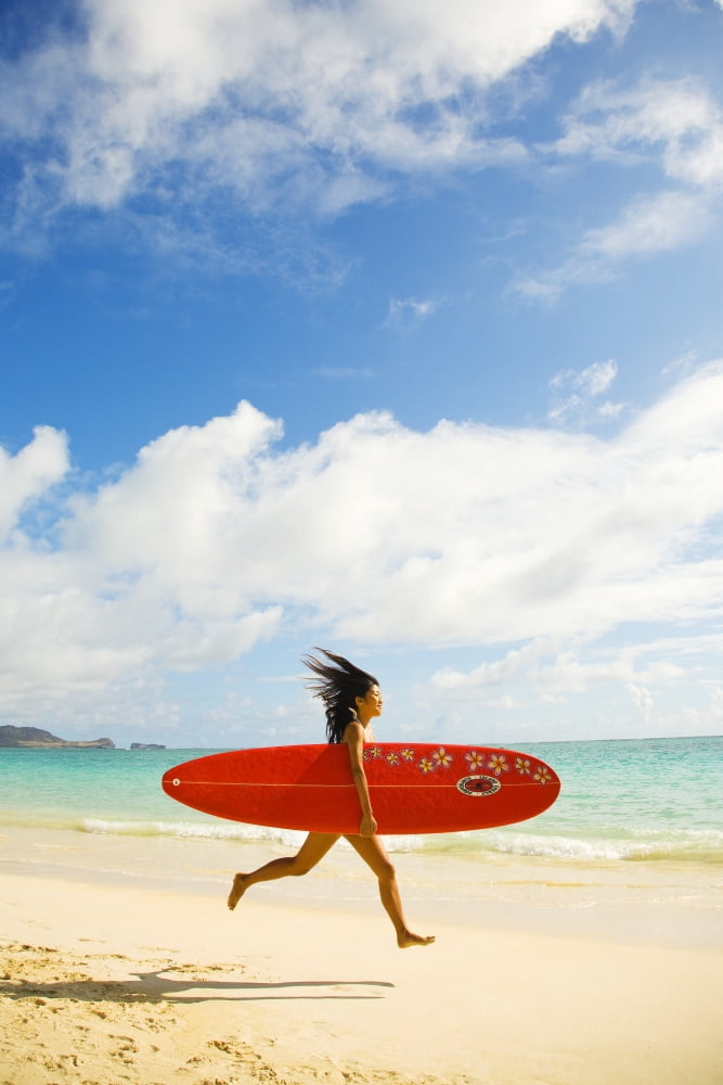 Posterazzi Hawaii Oahu Lanikai Young Japanese Woman Running On Beach While Holding A Red Surfboard Canvas Art - Dana Edmunds Design Pics (24 x 36)