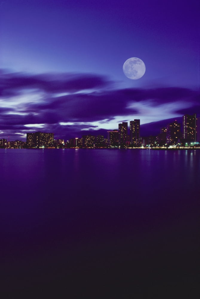 Posterazzi Hawaii Oahu Waikiki City Lights With Large Full Moon Pale Purple Sky With Reflections On Water Canvas Art - Carl Shaneff Design Pics (24 x 34)