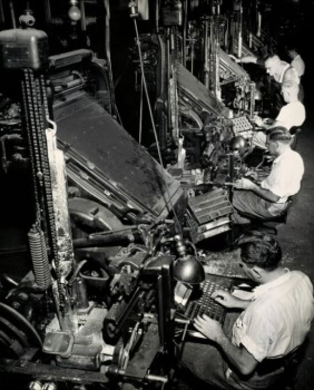 Posterazzi High angle view of a group of male workers operating linotype machines New York World Telegraph Canvas Art - (24 x 36)