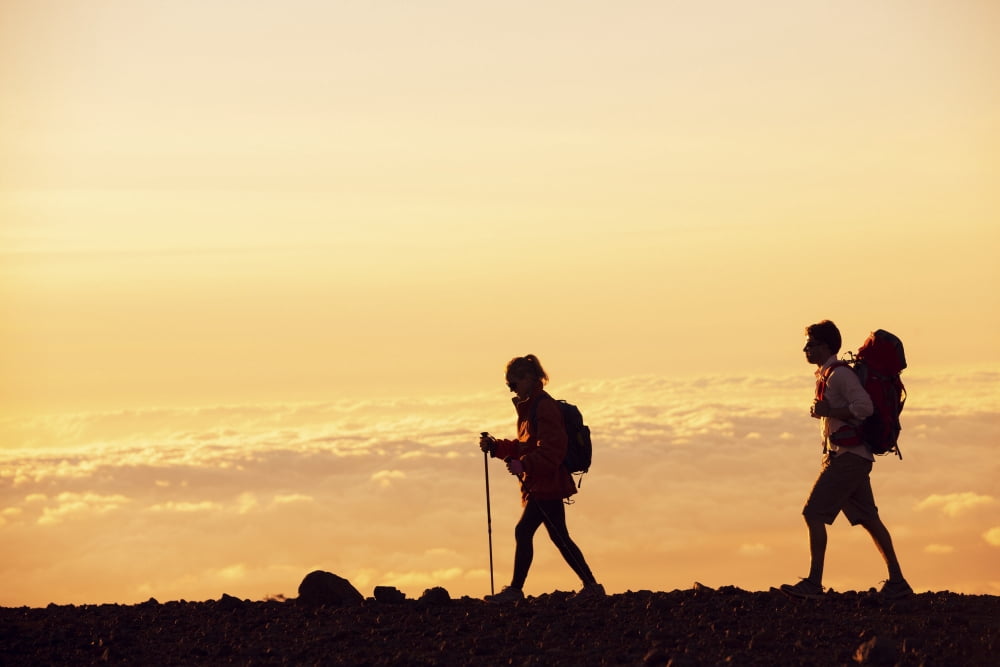 Posterazzi Hikers with backpacks hiking on top of a mountain at sunset Canvas Art - Design Pics Vibe Design Pics (34 x 22)