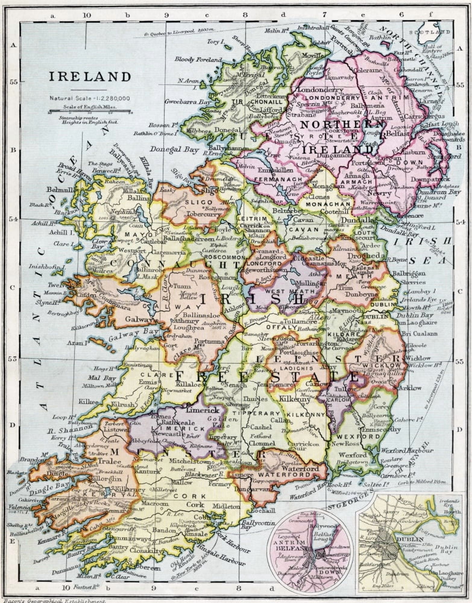Posterazzi Irish Free State And Northern Ireland From Bacons Excelsior Atlas Of The World Published Circa 1930 Canvas Art - Ken Welsh Design Pics (24 x 32)