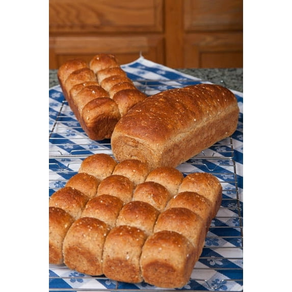Posterazzi Janet Horton Multigrain Rolls and Loaf on Cooling Rack Covered with Tea Towel 36"x 24" Framed Poster