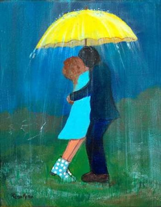 Posterazzi Kissing Under the Yellow Umbrella Canvas Art - Robin Maria (22 x 28)