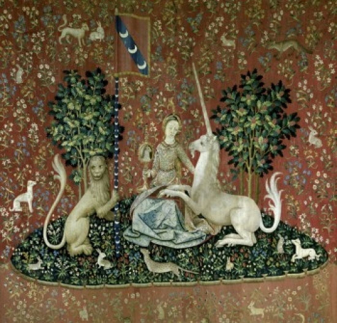 Posterazzi Lady and the Unicorn - Sense of Sight 15th Century Tapestry (Flemish) Musee National du Moyen Age Thermes & Hotel de Cluny Paris France Canvas Art - (24 x 36)