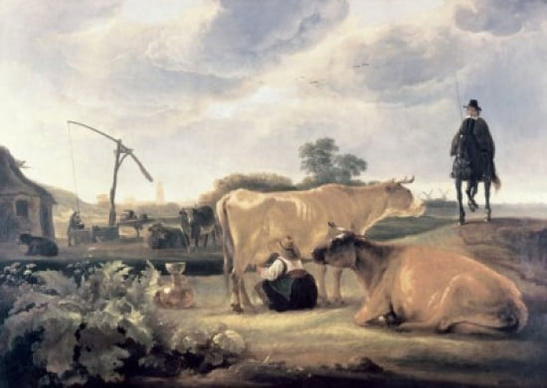 Posterazzi Landscape with Cattle and Milkmaid by Aelbert Cuyp 1620-1691 Canvas Art - Aelbert Cuyp (24 x 36)