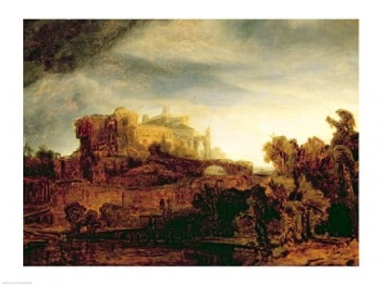Posterazzi Landscape with a Chateau Canvas Art - Rembrandt van Rijn (36 x 24)