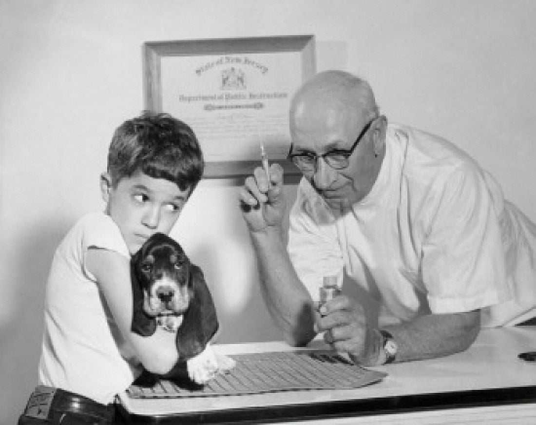 Posterazzi Male veterinarian holding a medical injection and a boy hugging his dog Canvas Art - (24 x 36)