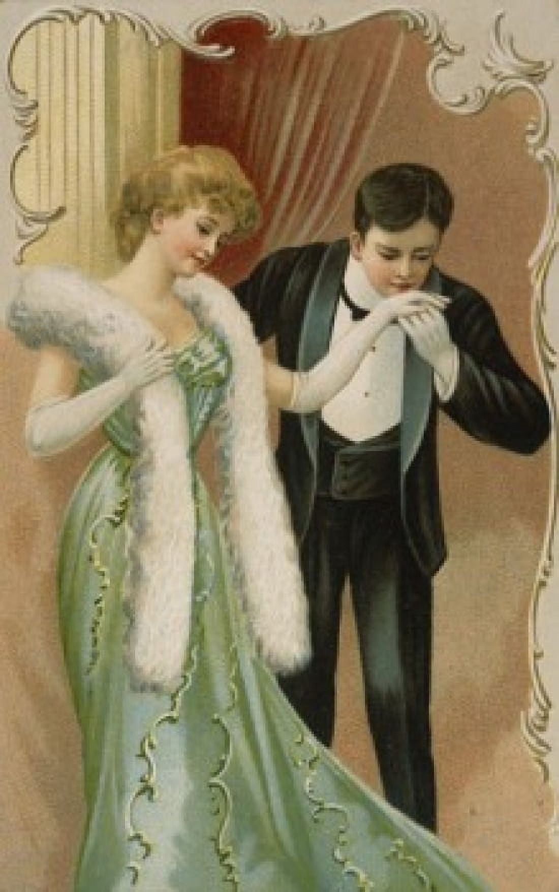 Posterazzi Man Kissing Womans Hand ca1900 Nostalgia Card Colored lithograph Canvas Art - (24 x 36)