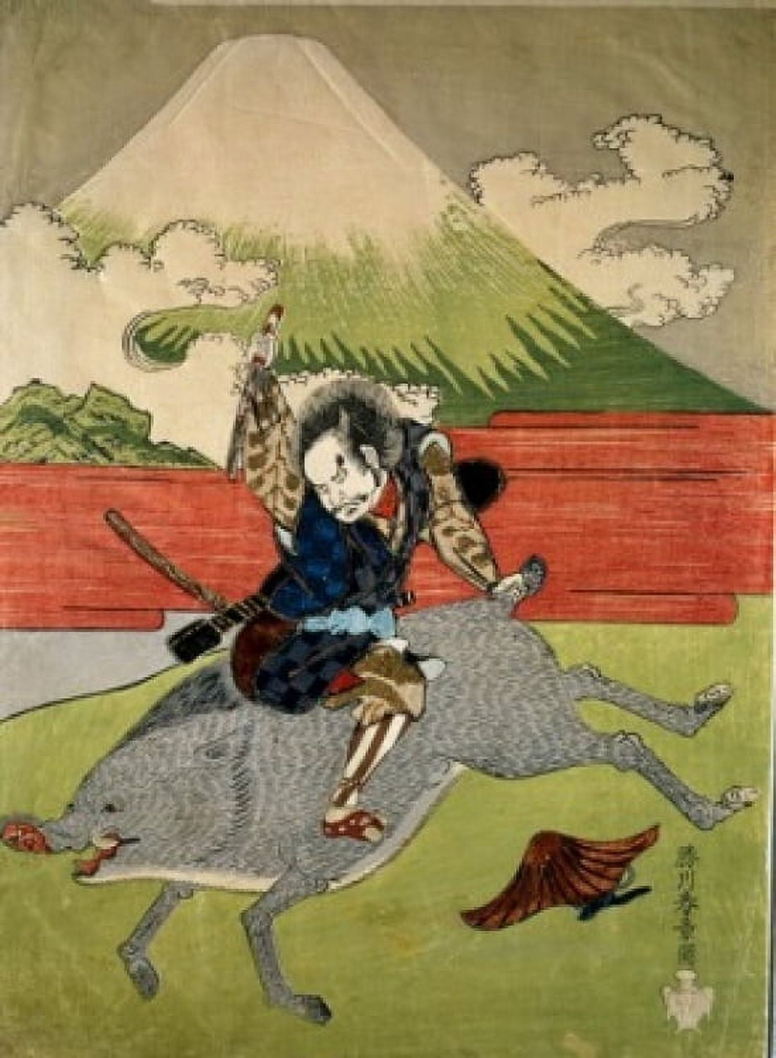 Posterazzi Man on Wild Boar Japanese woodcut Canvas Art - (24 x 36)