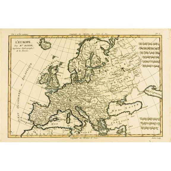 Posterazzi  Map of Europe Circa 1760 From Atlas De Toutes Les Parties Connues Du Globe Terrestre by Cartographer Rigobert Bonne Poster Print - Large - 36 x 24
