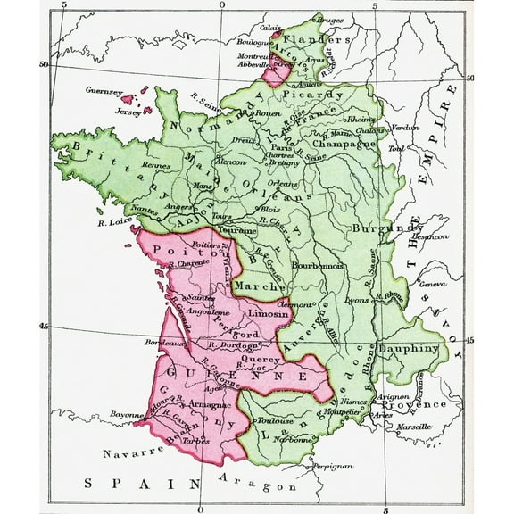 Posterazzi DPI1877922 Map of France At The Time of The Treaty of Bretigny, 1360 From The Book Short History of The English People by J.R. Green Published London 1893 Poster Print, 13 x 15