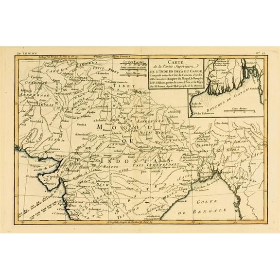 Posterazzi Map of Northern India Circa.1760 From Atlas De Toutes Les Parties Connues Du Globe Terrestre by Cartographer Rigobe Poster Print - Large - 36 x 24