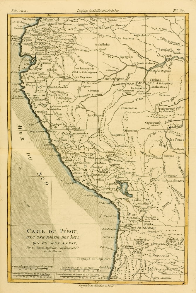 Posterazzi Map Of Peru Circa1760 From Atlas De Toutes Les Parties Connues Du Globe Terrestre By Cartographer Rigobert Bonne Published Geneva Circa 1760 Canvas Art - Ken Welsh Design Pics (22 x 34)