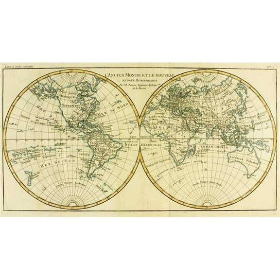 Posterazzi Map of World Circa.1760 From Atlas De Toutes Les Parties Connues Du Globe Terrestre by Cartographer Rigobert Bonne Poster Print - Large - 40 x 22