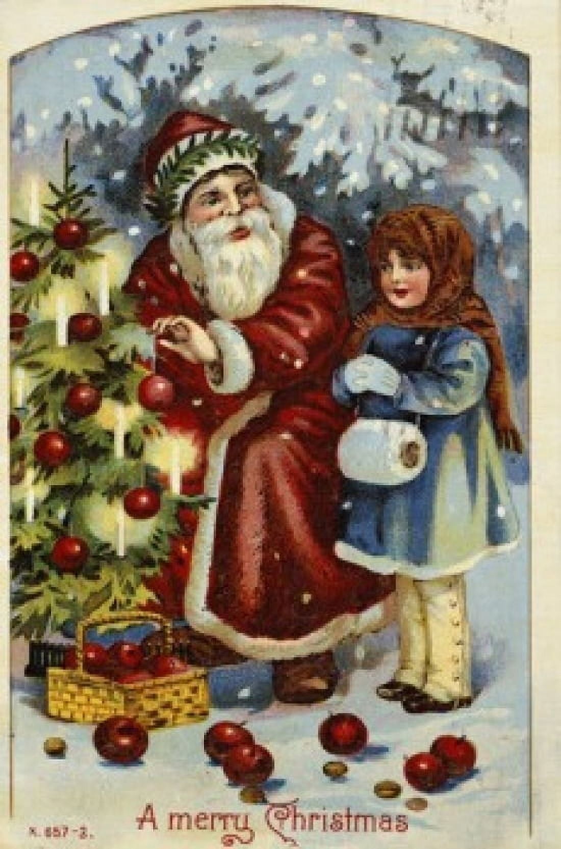 Posterazzi Merry Christmas Santa & Girl Decorating Tree Nostalgia Cards Canvas Art - (24 x 36)