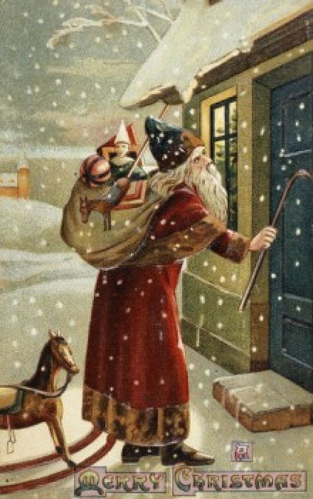 Posterazzi Merry Christmas Santa Knocking At The Door Nostalgia cards Canvas Art - (24 x 36)
