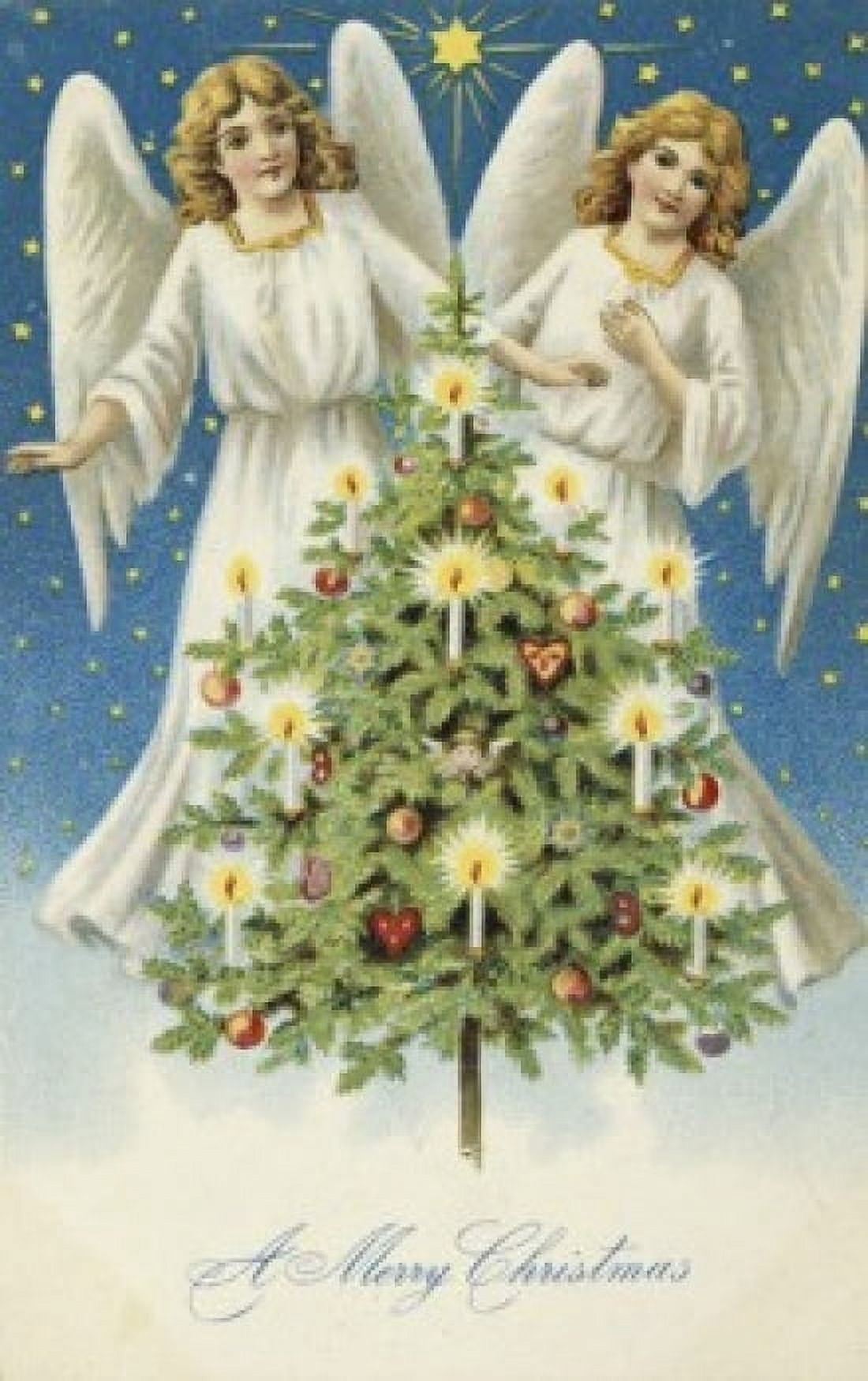 Posterazzi Merry Christmas Two Angels With Christmas Tree Nostalgia cards Canvas Art - (24 x 36)