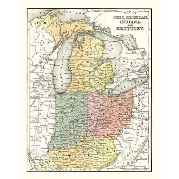 Ohio, Michigan, Indiana, Kentucky - Mitchell 1869 Poster Print by Mitchell Mitchell (24 x 36) # USOH0004