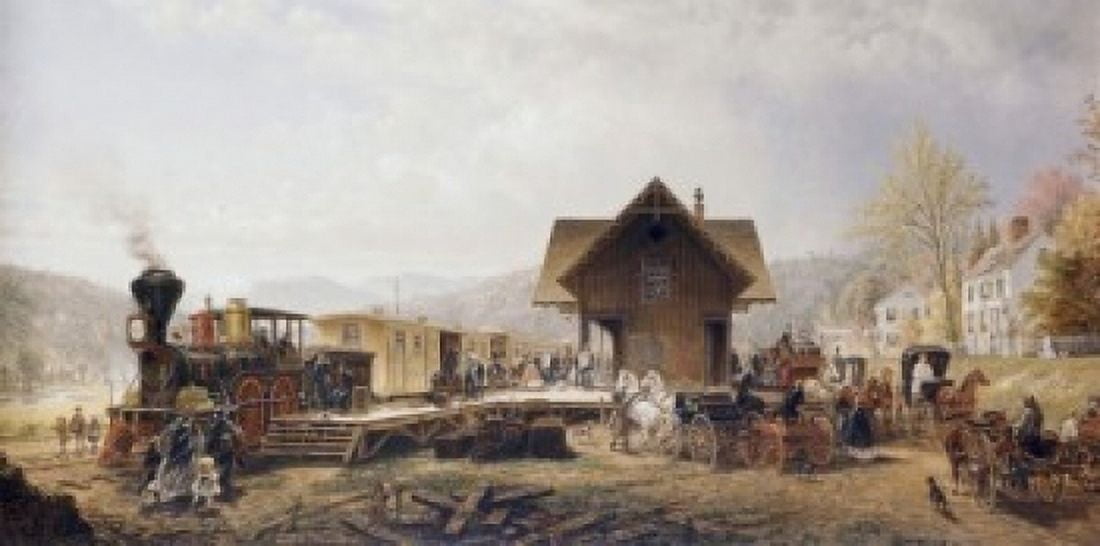 Posterazzi Railroad Arriving Stratford Connecticut Edward Lamson Henry (1841-1919American) Canvas Art - Edward Lamson Henry (24 x 36)
