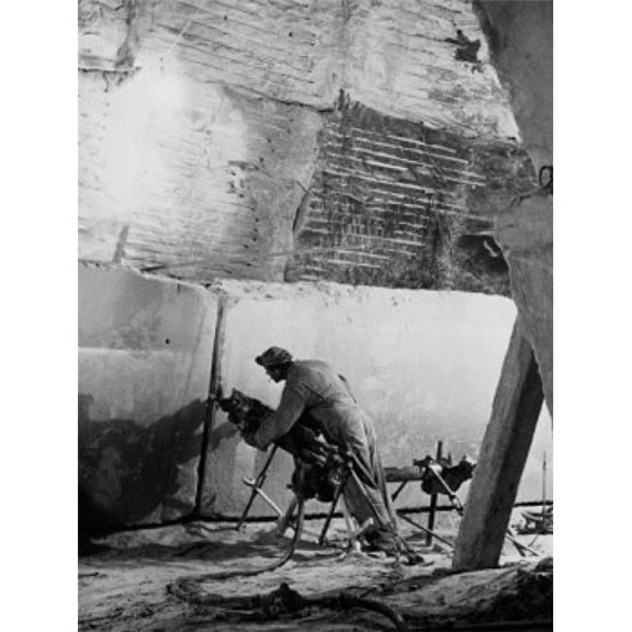 Posterazzi  Rear View of a Manual Worker Using a Pneumatic Saw to Cut Marble in a Quarry Poster Print - 18 x 24 in.