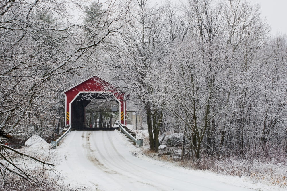 Posterazzi Red Covered Bridge In The Winter Adamsville Quebec Canada Canvas Art - David Chapman Design Pics (38 x 24)