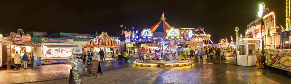 Posterazzi Rides illuminated in an amusement park at nighttime Sunderland Tyne and Wear England Canvas Art - John Short Design Pics (44 x 12)