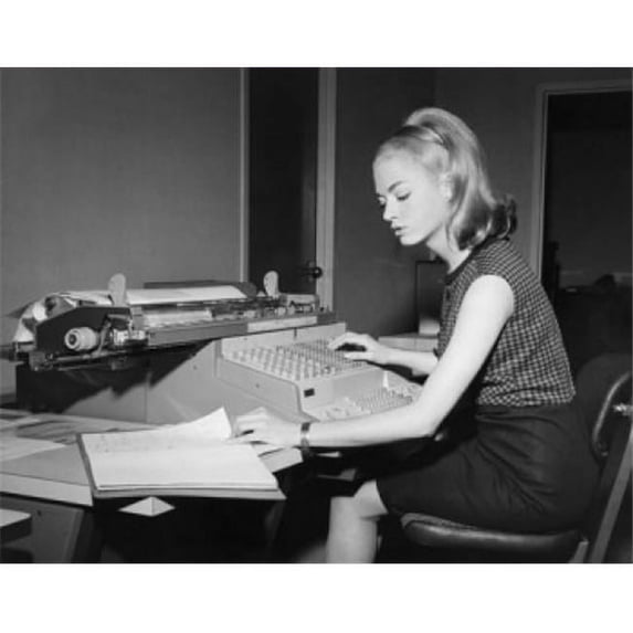Posterazzi SAL25548429 Side Profile of Businesswoman Typing on Accounting Typewriter Poster Print - 18 x 24 in.