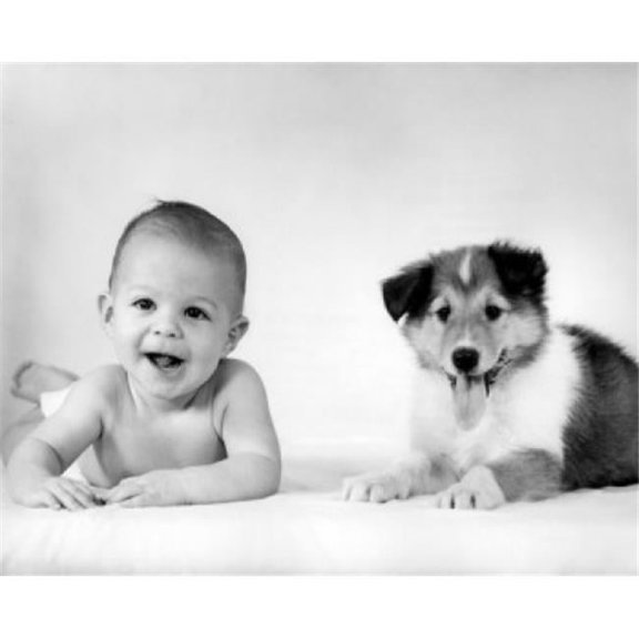 Posterazzi SAL2559166C Baby with Dog Lying on Bed Poster Print - 18 x 24 in.