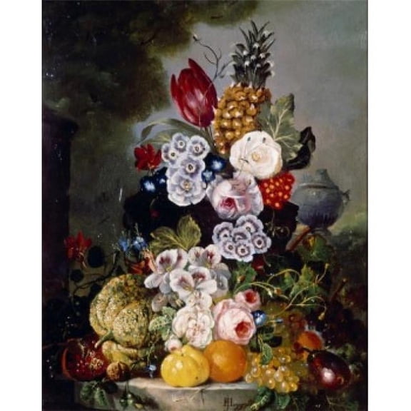 Posterazzi SAL900130531 Still Life with Fruit & Flowers on Stone Ledge by Francois Joseph Huygens 1820-1908 Poster Print - 18 x 24 in.