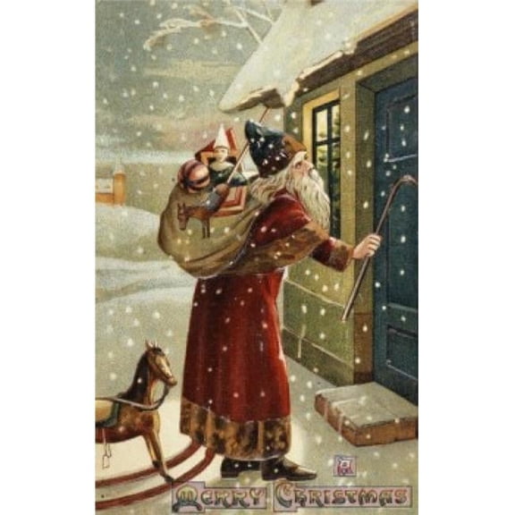Posterazzi SAL9801102 Merry Christmas-Santa Knocking at the Door Nostalgia Cards Poster Print - 18 x 24 in.