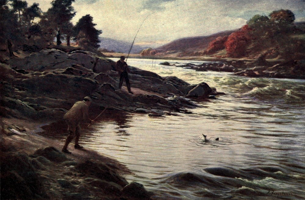 Posterazzi Salmon Fishing 1920 Fishing in the Dee Canvas Art - Joseph Farquharson (24 x 36)