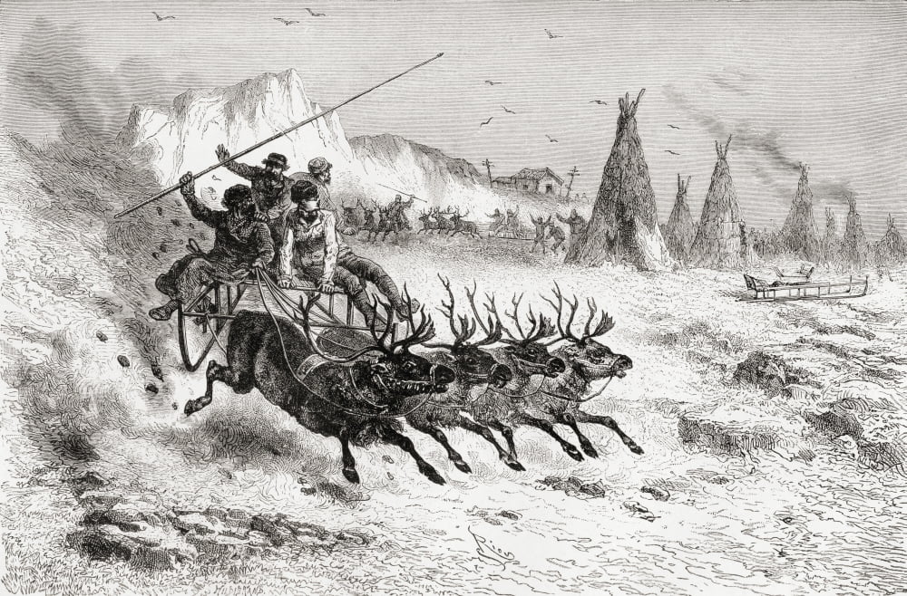 Posterazzi Samoyeds From Caborova Russia On A Sleigh Pulled By Reindeer In The 19Th Century From El Mundo En La Mano Published 1878 Canvas Art - Ken Welsh Design Pics (36 x 22)