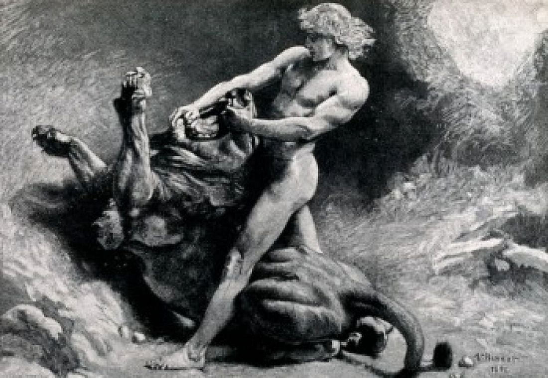 Posterazzi Samson and the Lion by Leon Joseph Florentin Bonnat (1834-1922) Canvas Art - Leon Joseph Florentin Bonnat (24 x 36)
