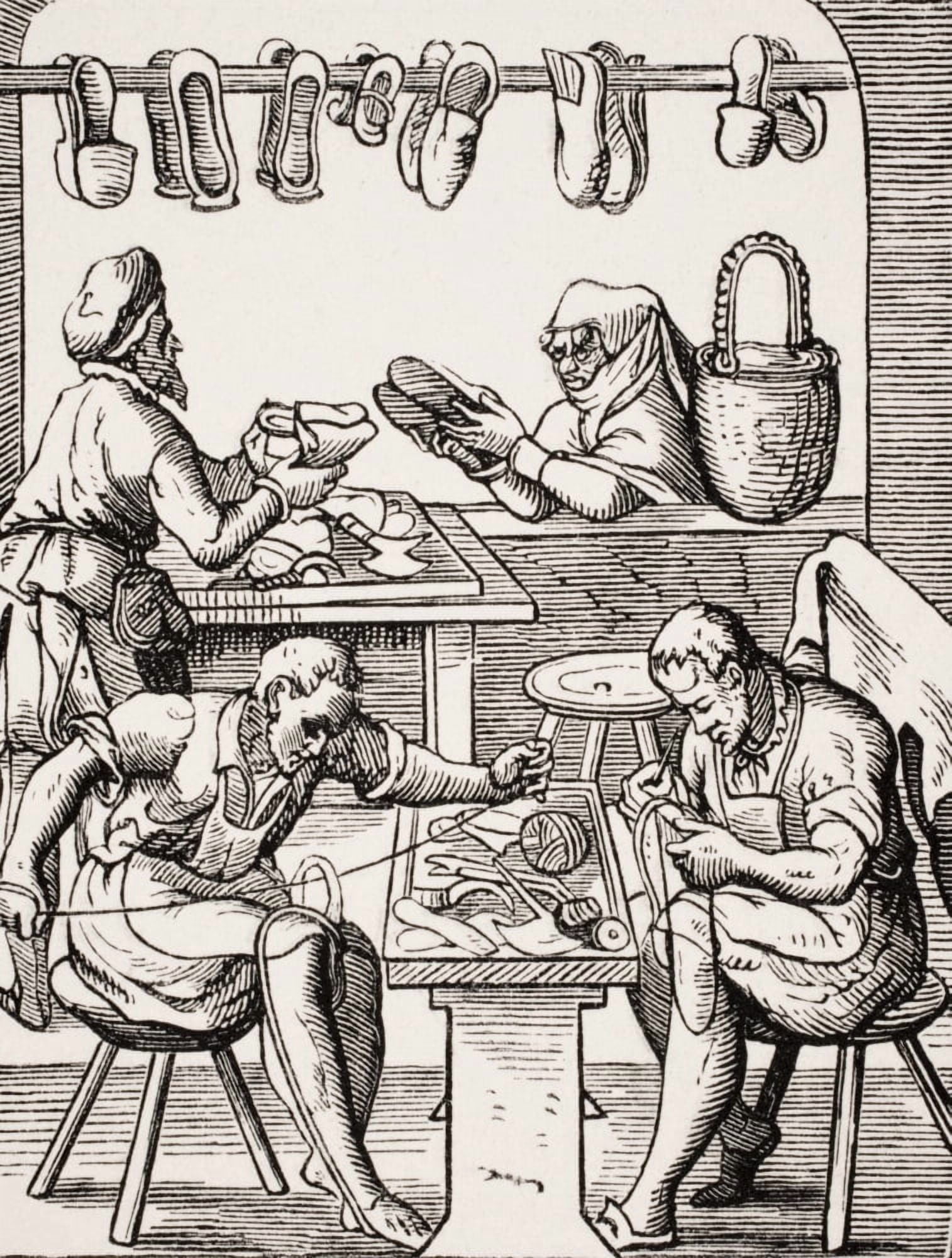 Posterazzi Shoemaker 19Th Century Reproduction Of 16Th Century Woodcut By Jost Amman Canvas Art - Ken Welsh Design Pics (24 x 32)