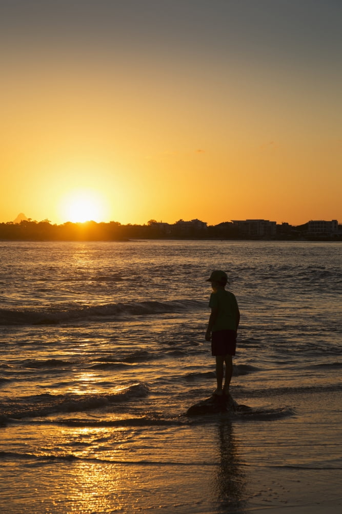 Posterazzi Silhouette of a young boy standing at the waters edge at sunset Caloundra Queensland Australia Canvas Art - John Short Design Pics (24 x 38)