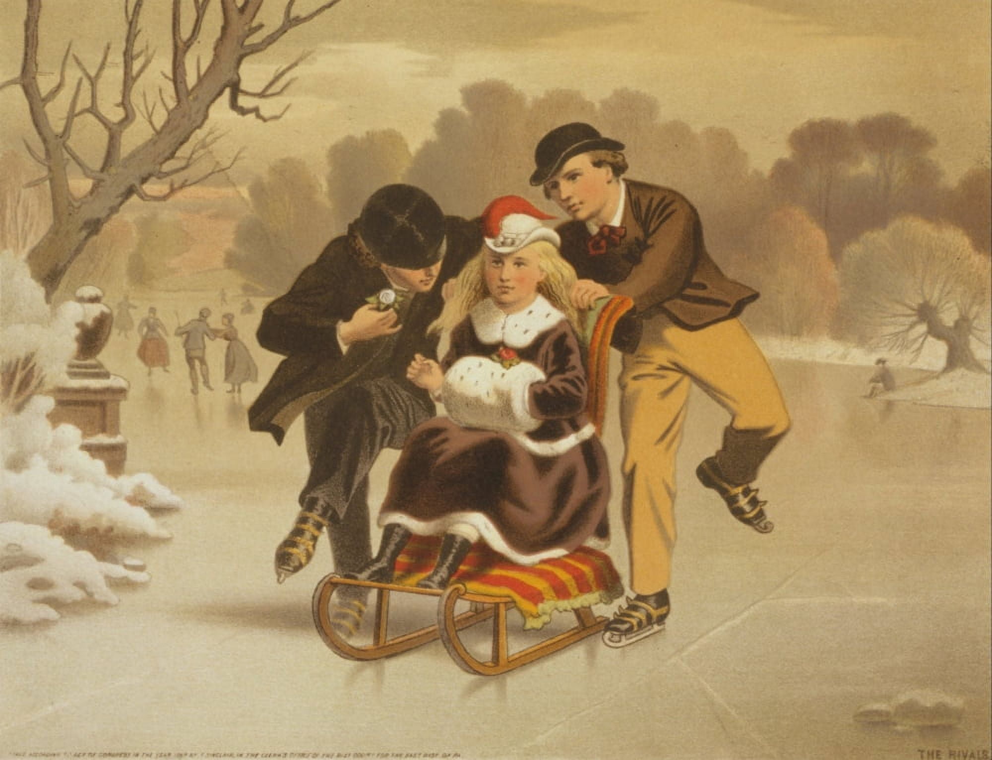 Posterazzi Sinclair Thomas S (c1805-1881) -The Rivals 1869 (2 boys with girl on sled) Canvas Art - Thomas S -The Rivals 1869 Sinclair (24 x 36)