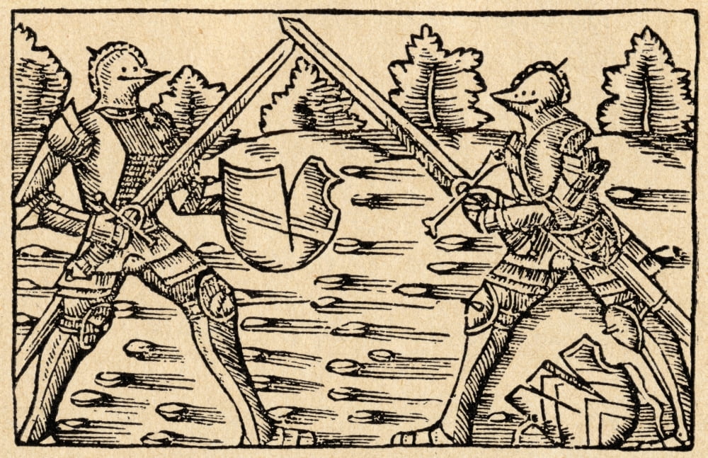Posterazzi Single Combat Between Knights In Full Armour After Olaus Magnus From Sveriges Historia By Otto Sjogren Published Malmo 1938 Canvas Art - Ken Welsh Design Pics (36 x 22)