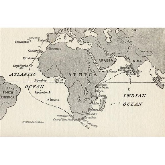 Posterazzi Sketch Map Illustrating Vasco Da Gamas Voyages. The Dotted Line Indicates The First Voyage to India In 1497 From The Great Explorers Columbus & Vasco Da Gama Poster Print, 18 x 12