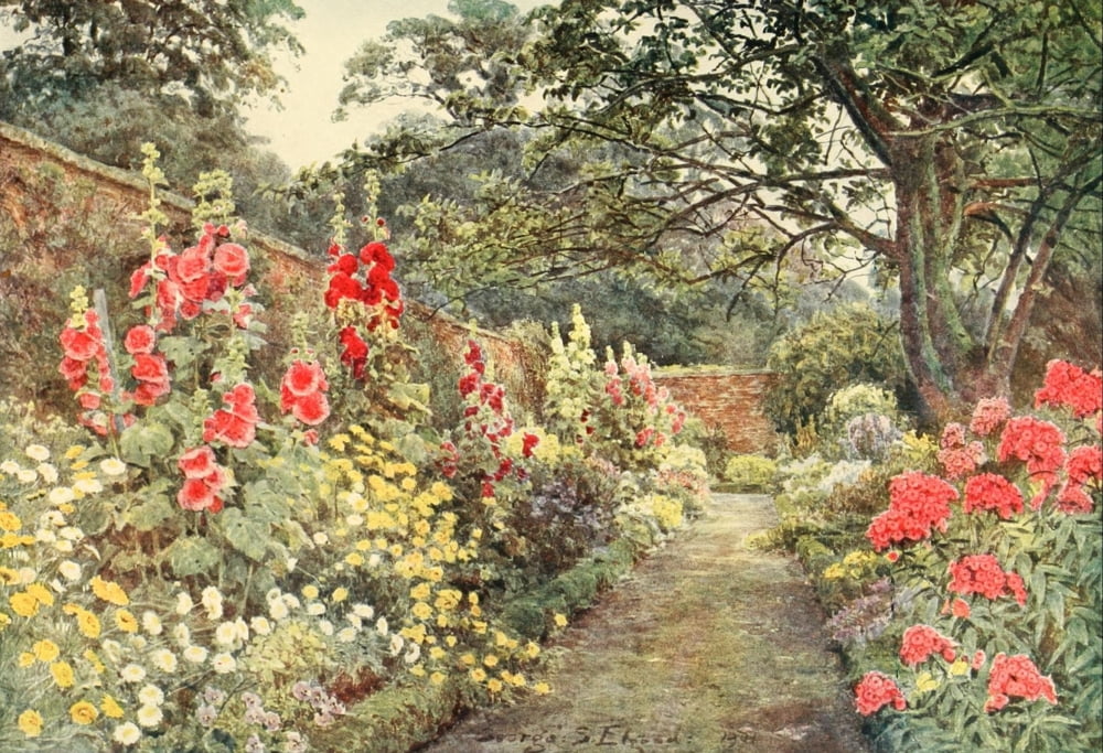 Posterazzi Some English Gardens 1904 Blyborough Hollyhocks Canvas Art - GS Elgood (24 x 36)