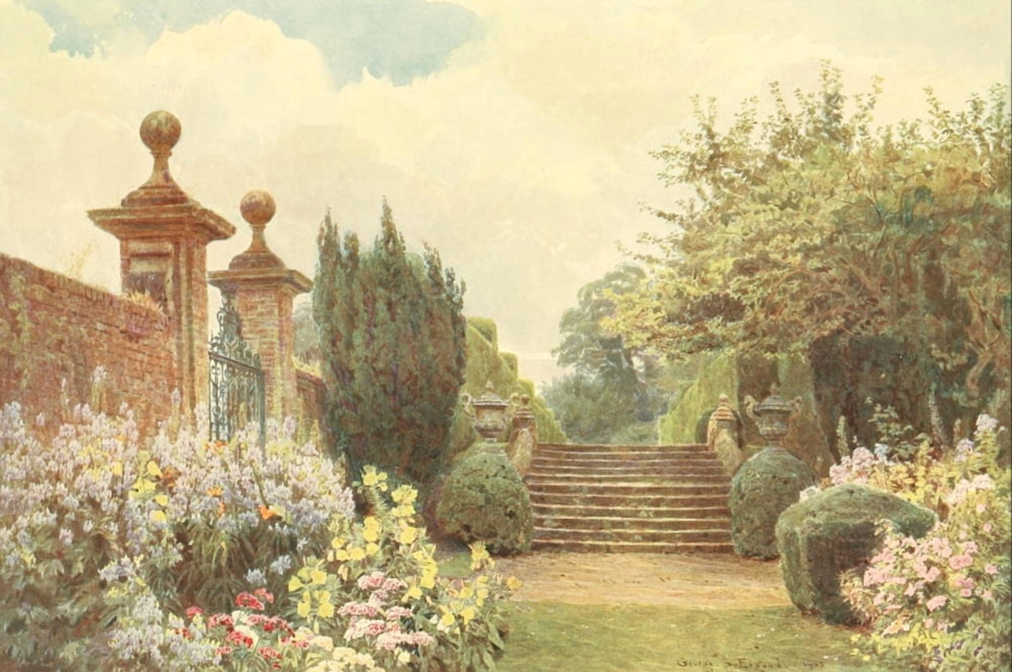 Posterazzi Some English Gardens 1904 Penshurst Terrace Steps Canvas Art - George S Elgood (24 x 36)