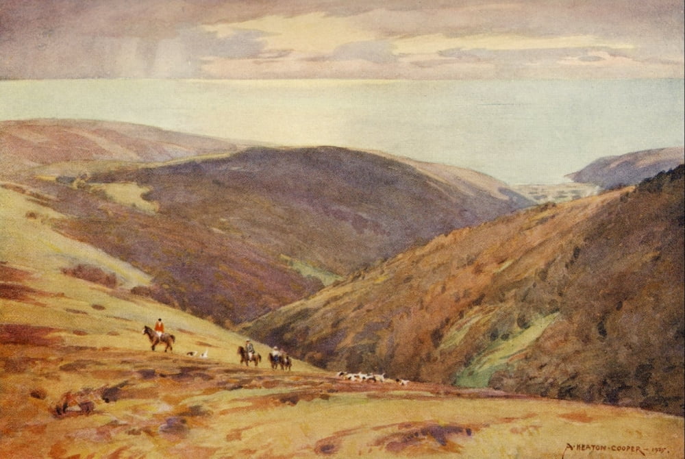 Posterazzi Somerset 1927 Hunting Red Deer on Exmoor (Vale of Porlock) Canvas Art - Alfred Heaton Cooper (24 x 36)