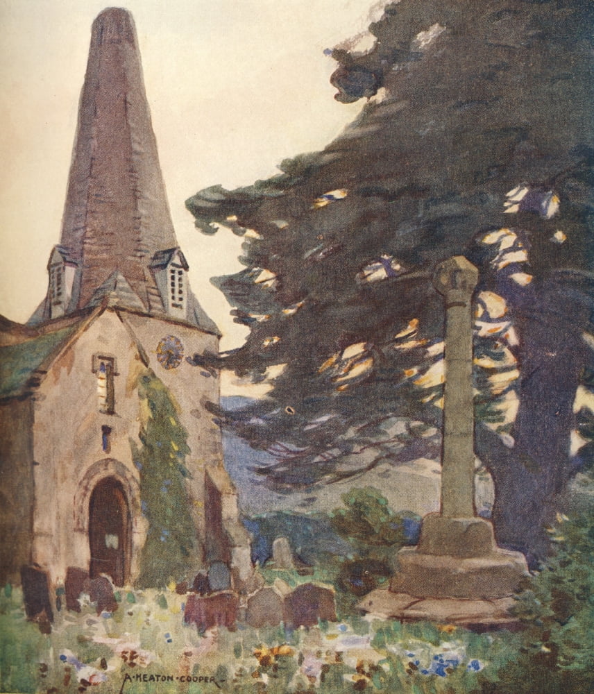 Posterazzi Somerset 1927 Porlock Church & Cross Canvas Art - Alfred Heaton Cooper (24 x 36)