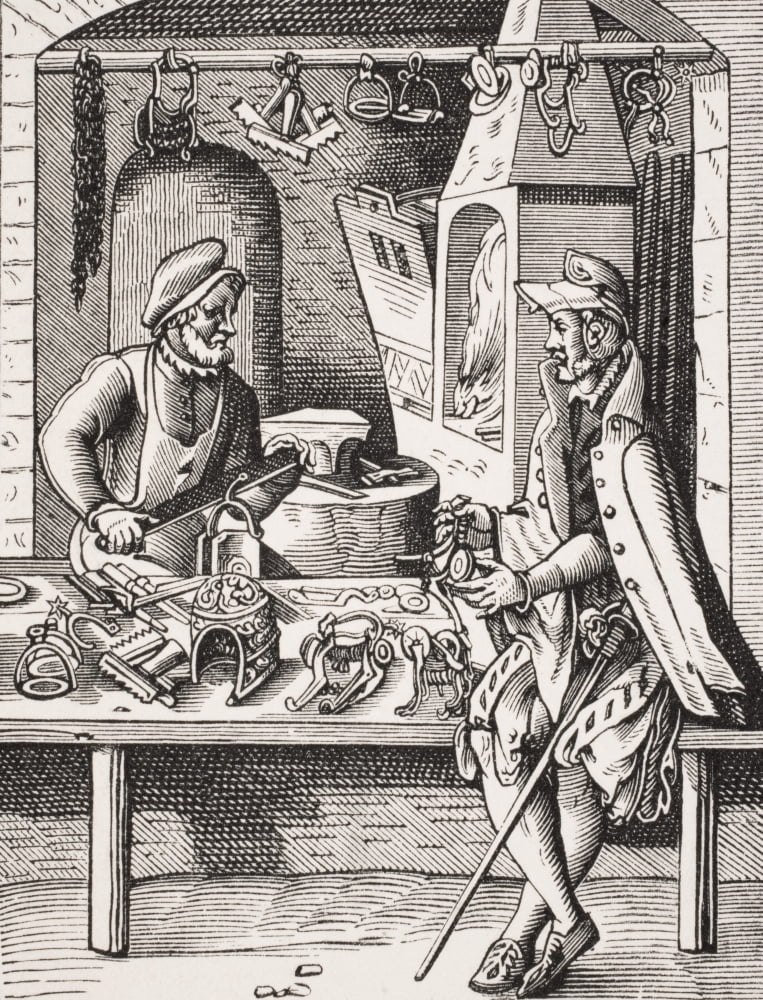 Posterazzi Spur Maker 19Th Century Reproduction Of 16Th Century Woodcut By Jost Amman Canvas Art - Ken Welsh Design Pics (24 x 32)