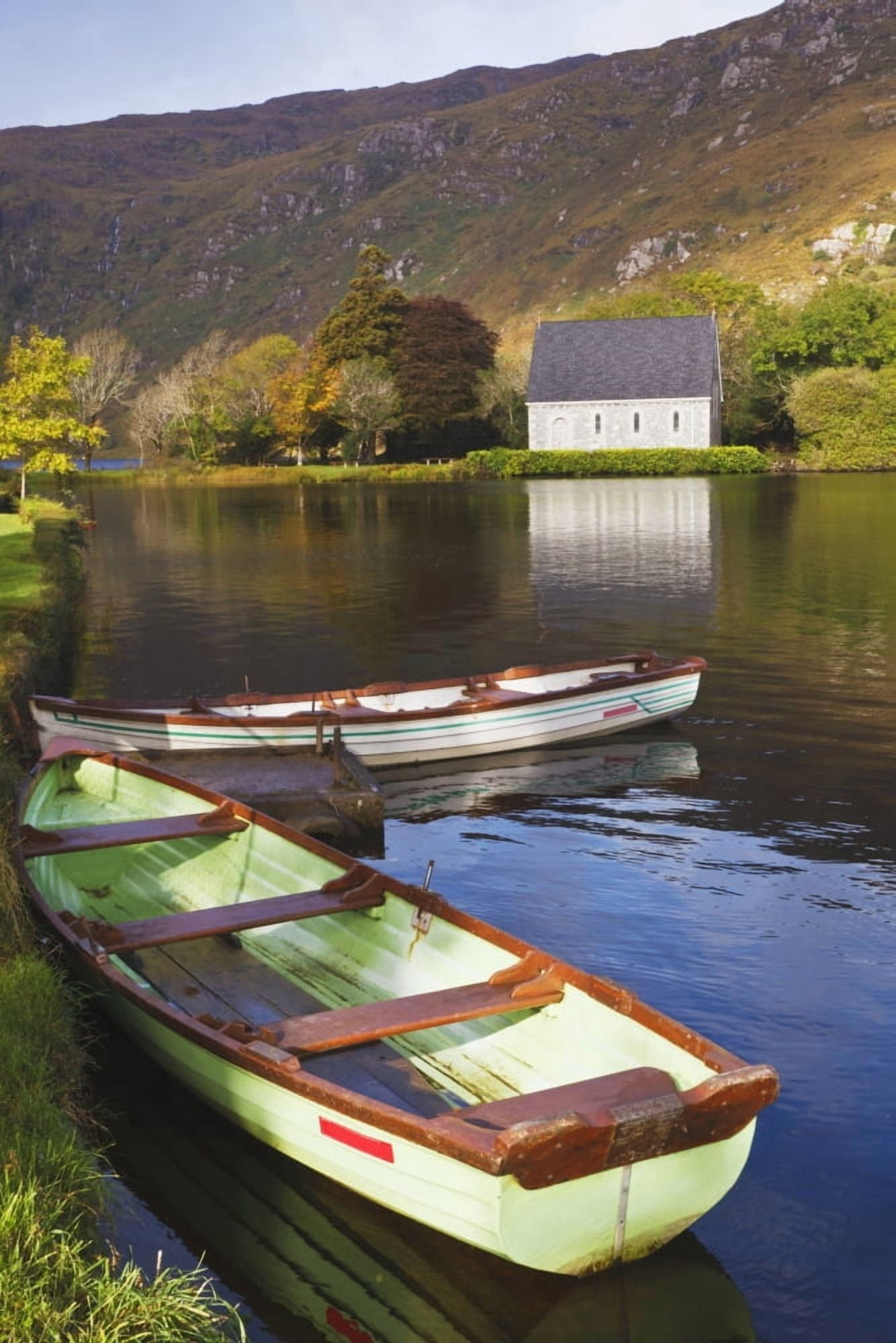 Posterazzi St Finbarres Oratory And Rowing Boats On Shore Of Gougane Barra Lake In Gougane Barra Forest Park County Cork Republic Of Ireland Canvas Art - Ken Welsh Design Pics (24 x 38)