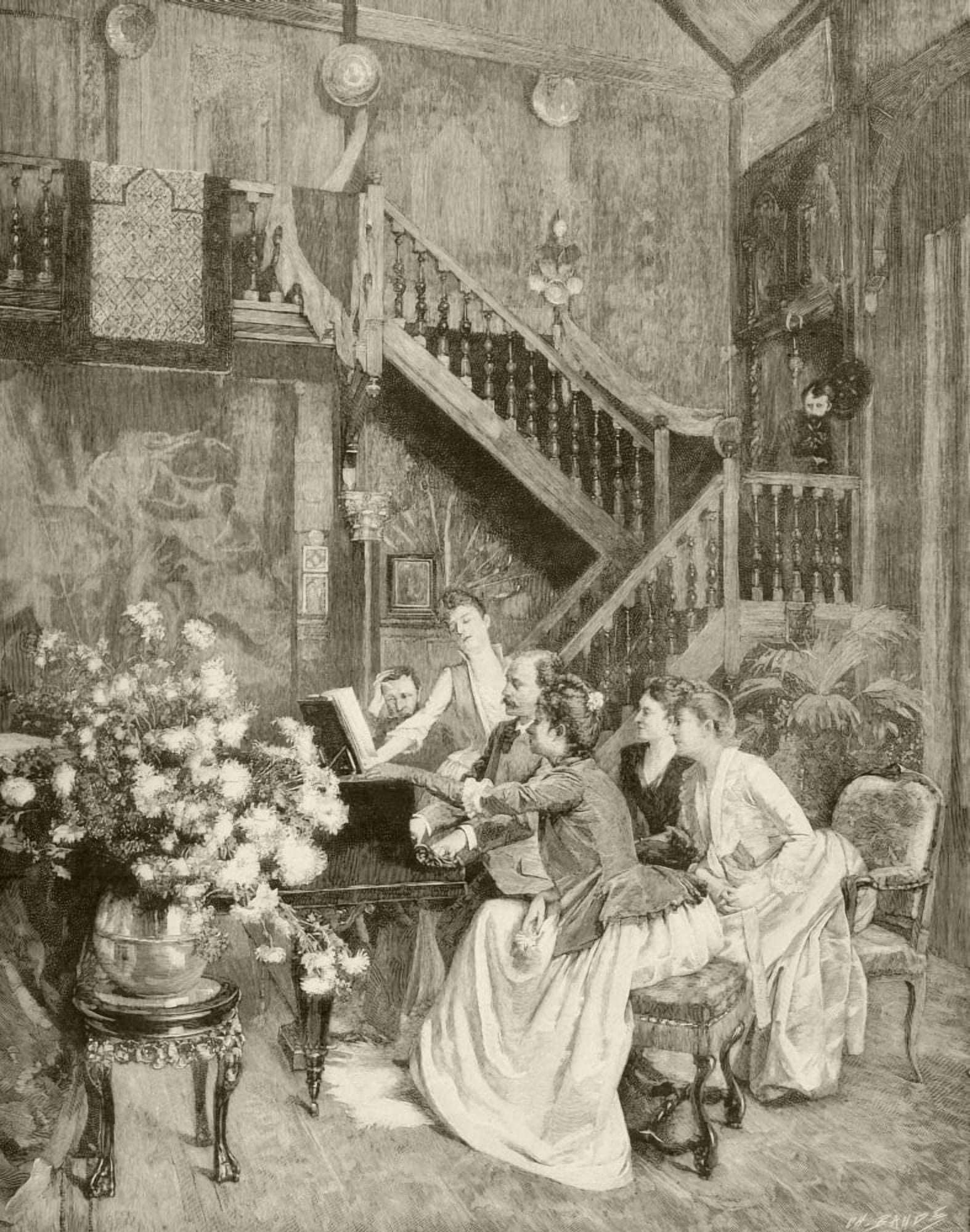 Posterazzi Studying A Music Score After A Painting By Alberto Aublet Engraved By Baude From A 19Th Century Illustration Canvas Art - Ken Welsh  Design Pics (26 x 32)